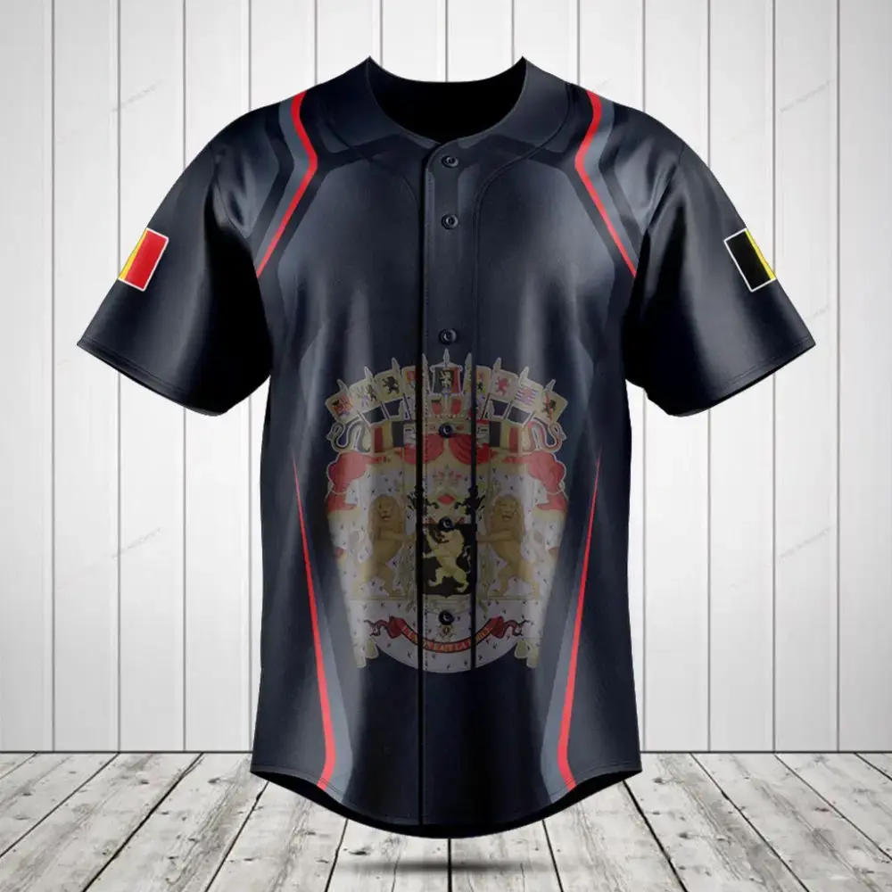Stylish Black Baseball Jersey With Lion Crest & Flag Patches - Perfect For Sports Fans! Image