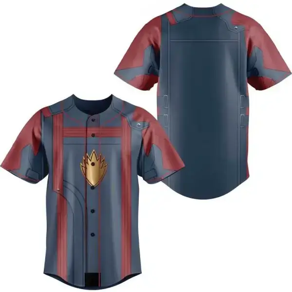 Stylish Blue & Red Baseball Jersey With Gold Emblem – Perfect For Fans & Casual Wear Image