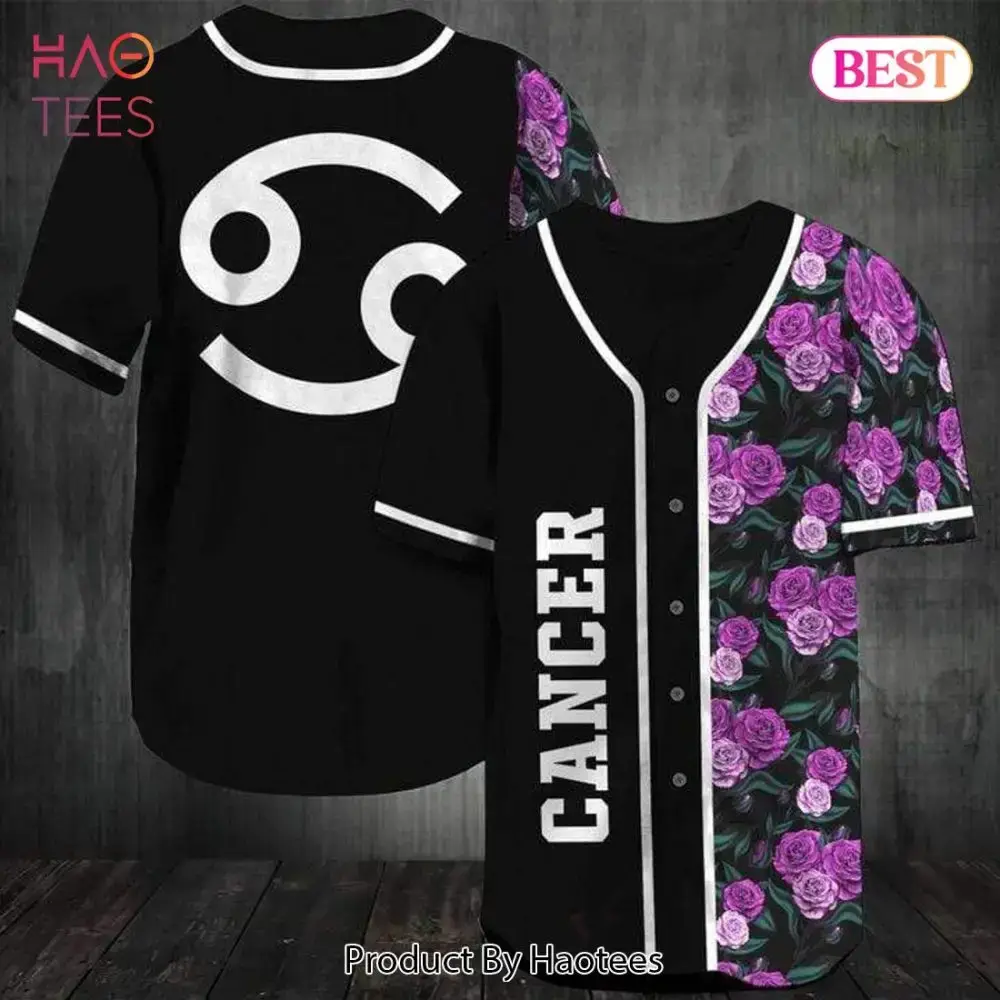 Stylish Cancer Zodiac Baseball Jersey With Purple Rose Print - Perfect Gift! Image