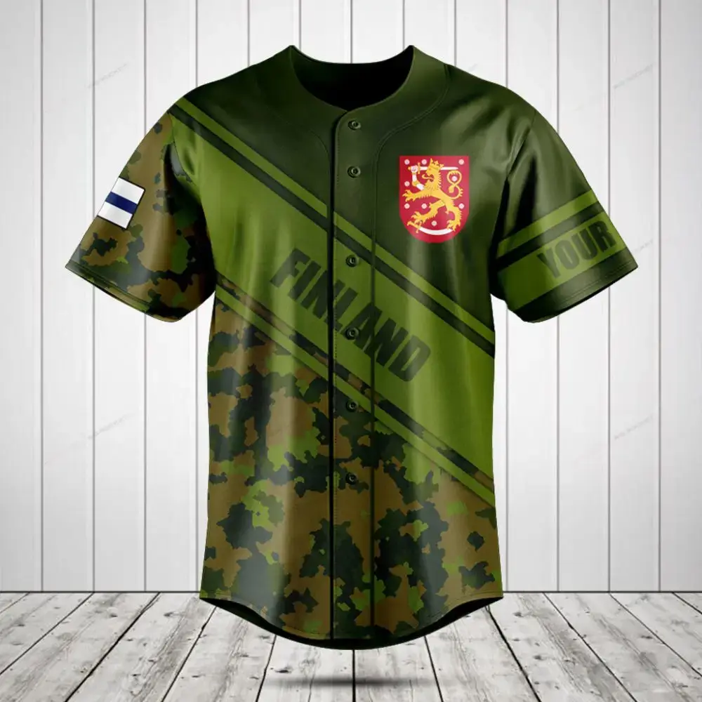 Stylish Finland Camo Baseball Jersey - Customizable Military Tribute Shirt, Unisex Design Image