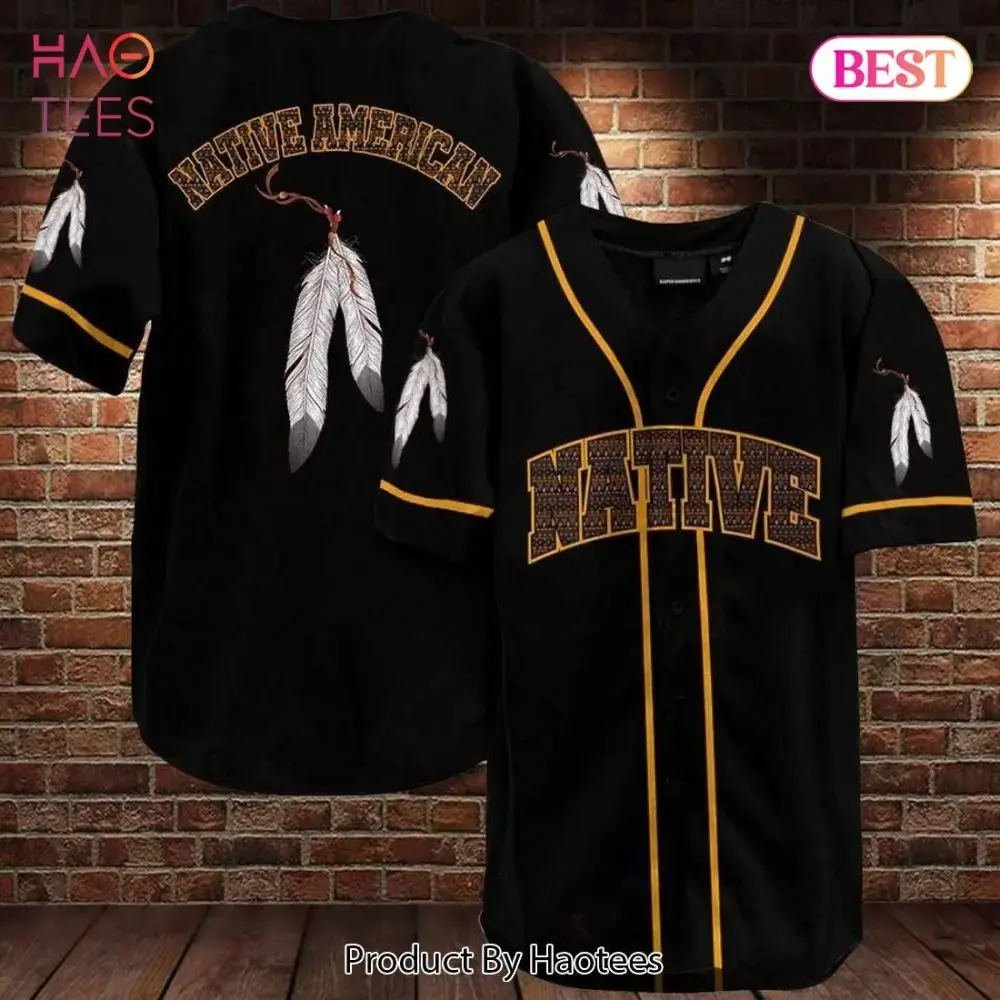 Stylish Native American Feather Baseball Jersey - Black & Gold Design Image