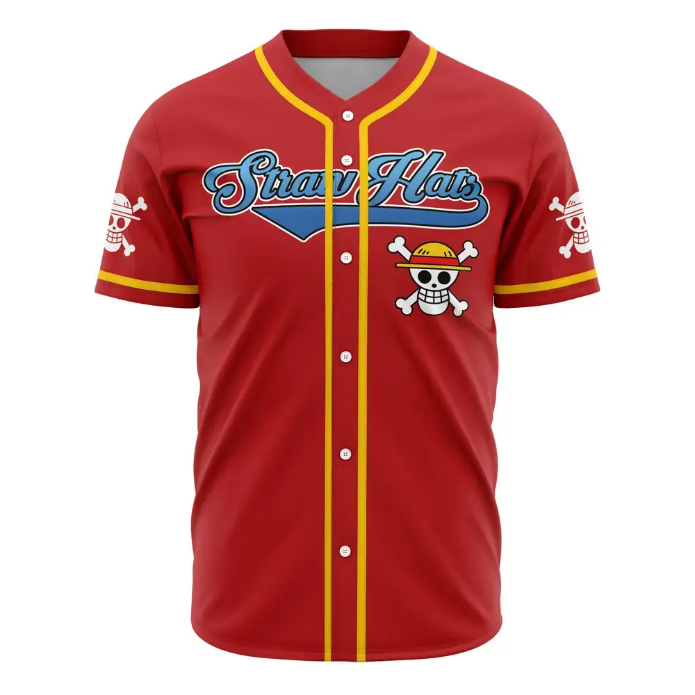 Stylish Red Straw Hat Pirate Baseball Jersey - Anime Fans Must-Have! Image