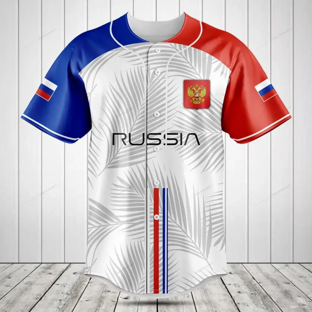 Stylish Russia Flag Baseball Jersey – Patriotic Sportswear With Palm Leaf Design Image
