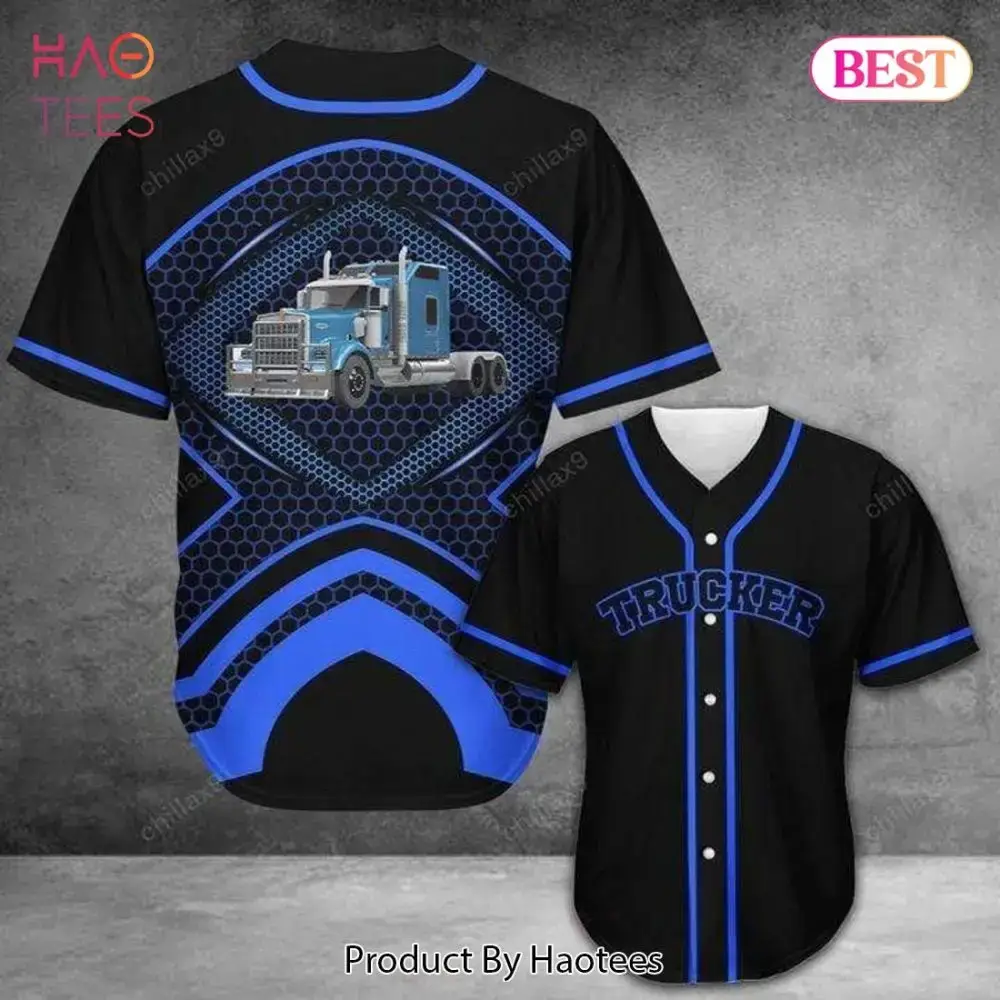 Stylish Trucker Baseball Jersey - Blue & Black Graphic Design For Truck Enthusiasts Image