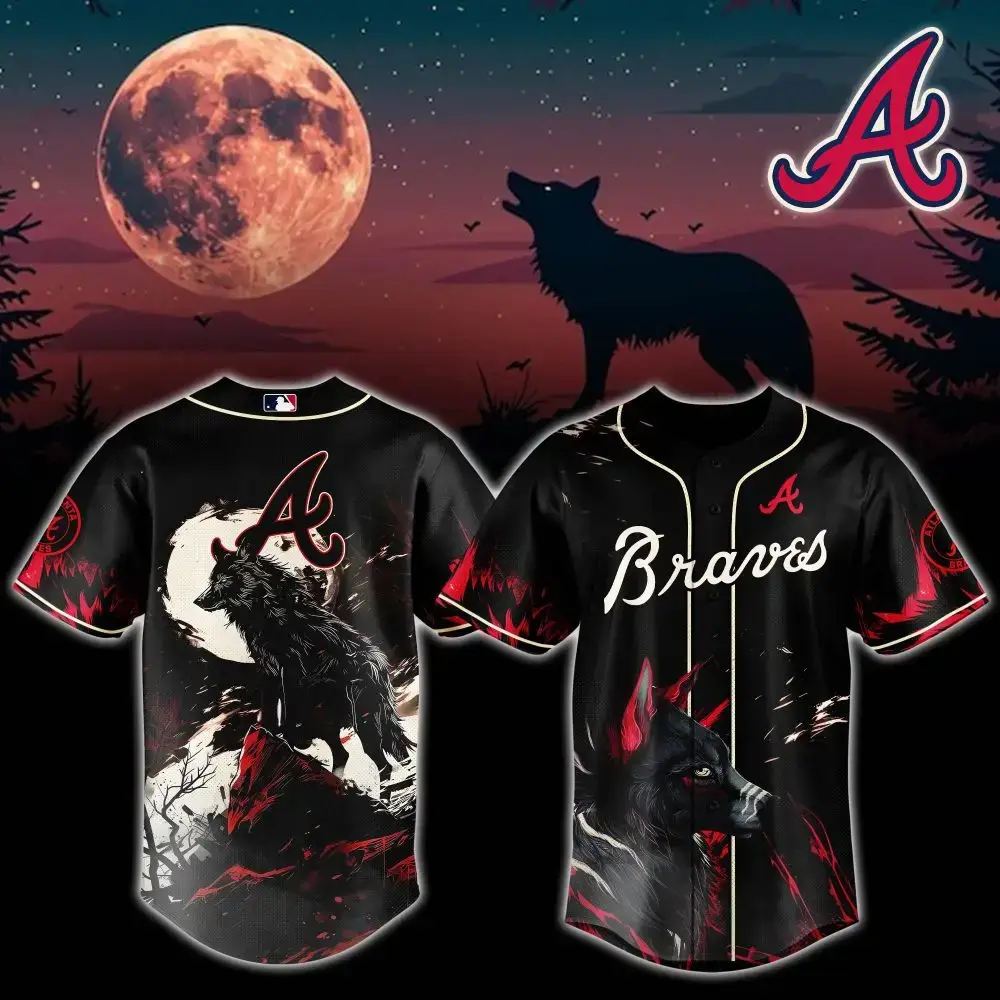 Stylish Wolf & Moon Baseball Jersey - Perfect Gift For Braves Fans - Unisex Sportswear Image