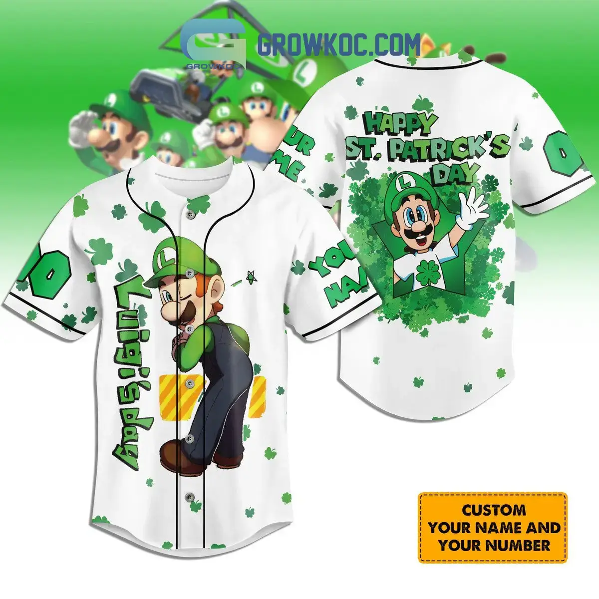 Super Mario Luigi's Day St. Patrick's Day Personalized Baseball Jersey Image