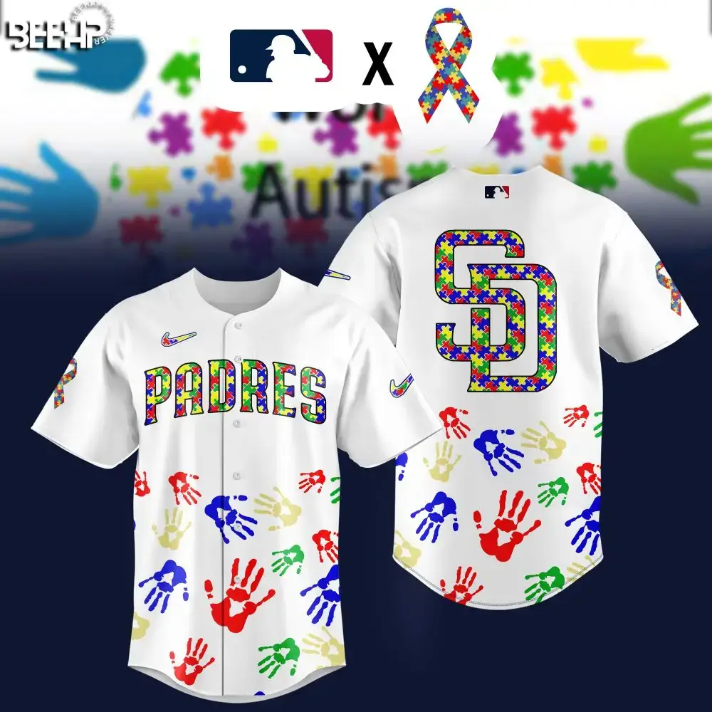 Support Autism Awareness: Padres Jersey With Colorful Handprints - Limited Edition Mlb Apparel Image
