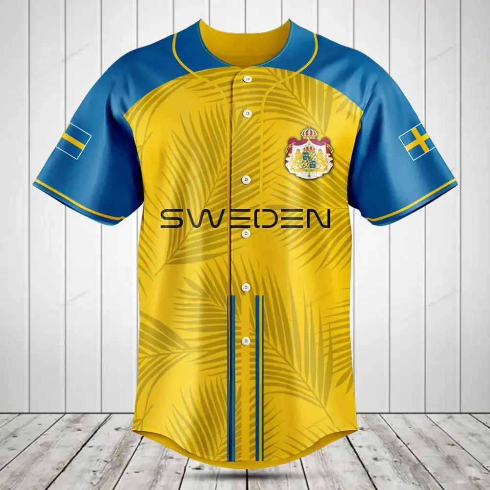Sweden Pride Baseball Jersey - Yellow & Blue Tropical Design - Unisex Sport Shirt Image