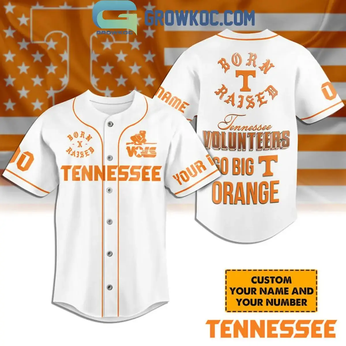 Tennessee Volunteers Go Big T Orange Personalized Baseball Jersey White Image