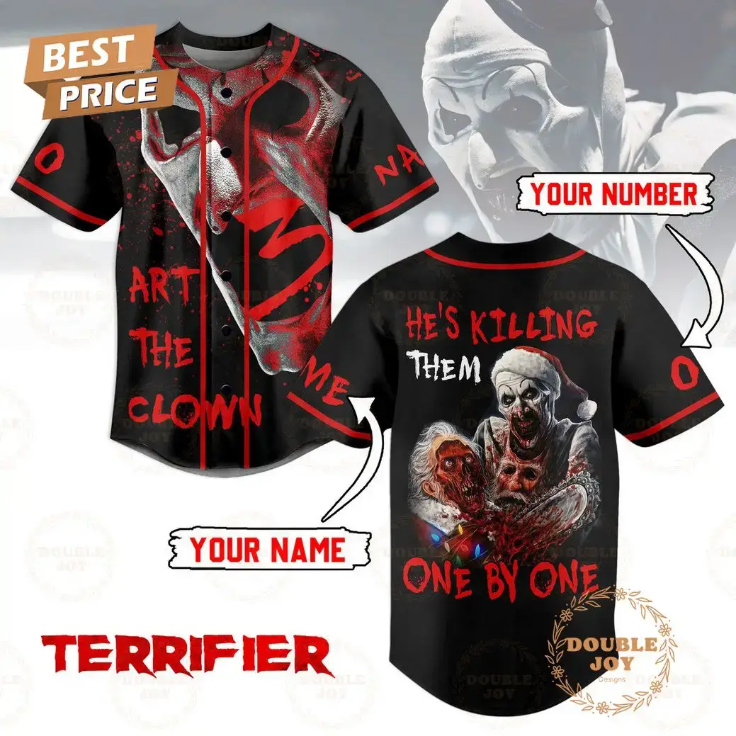 Terrifier Art The Clown He's Killing Them One By One Personalized Baseball Jersey Image