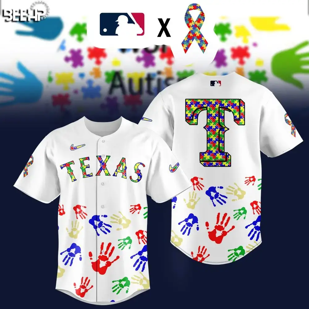 Texas Puzzle Print Baseball Jersey – Autism Awareness, Custom Mlb Apparel Image