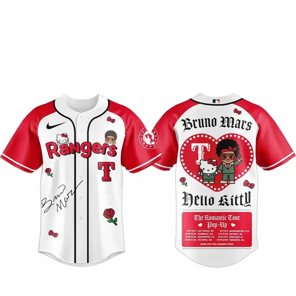Texas Rangers Bruno Mars x Hello Kitty 2026 The Romantic Tour Baseball Jersey Image