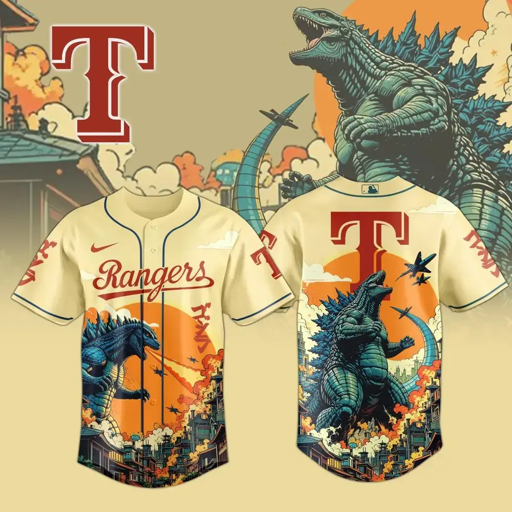 Texas Rangers Mlb X Godzilla Attack Custom Baseball Jersey Image