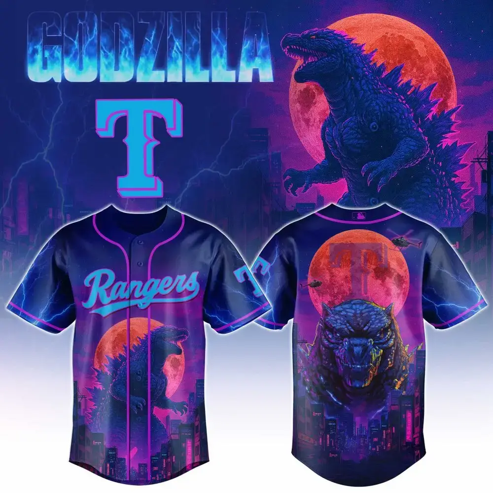 Texas Rangers Mlb X Godzilla Neon City Custom Baseball Jersey Image