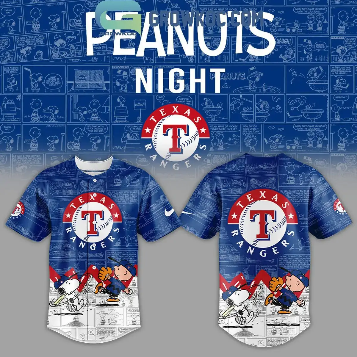 Texas Rangers Peanuts 75th Anniversary Baseball Jersey Image