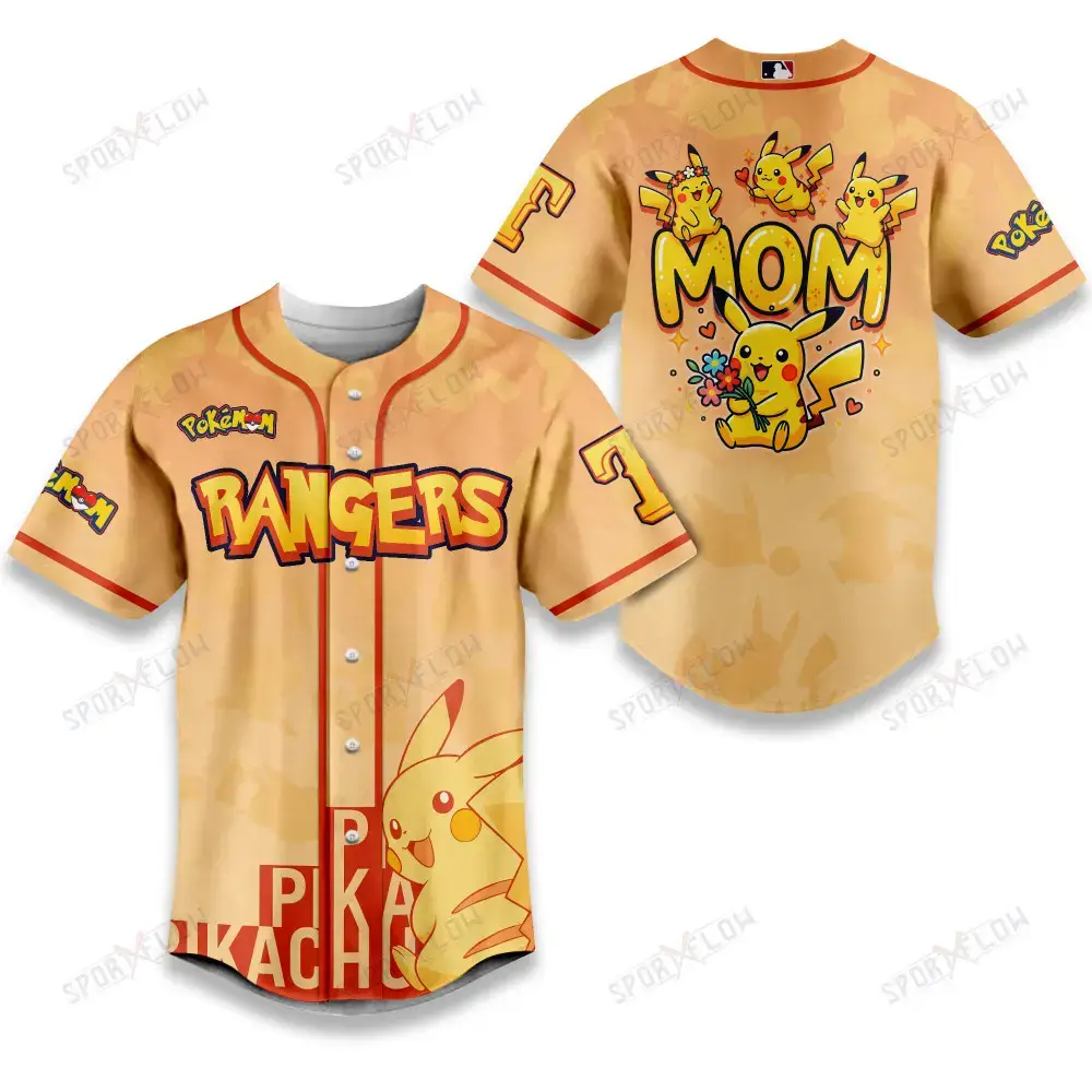 Texas Rangers Pikachu Mom Art Baseball Jersey Image