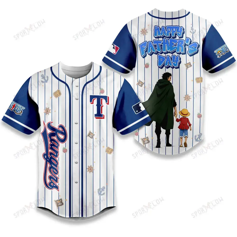 Texas Rangers X One Piece Dragon & Luffy Dad Baseball Jersey Image
