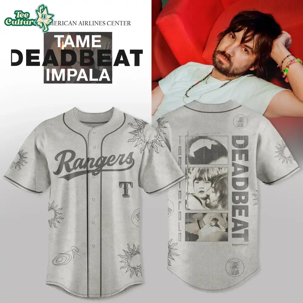 Texas Rangers x Tame Impala Deadbeat North America Tour 2026 Exclusive Baseball Jersey Image
