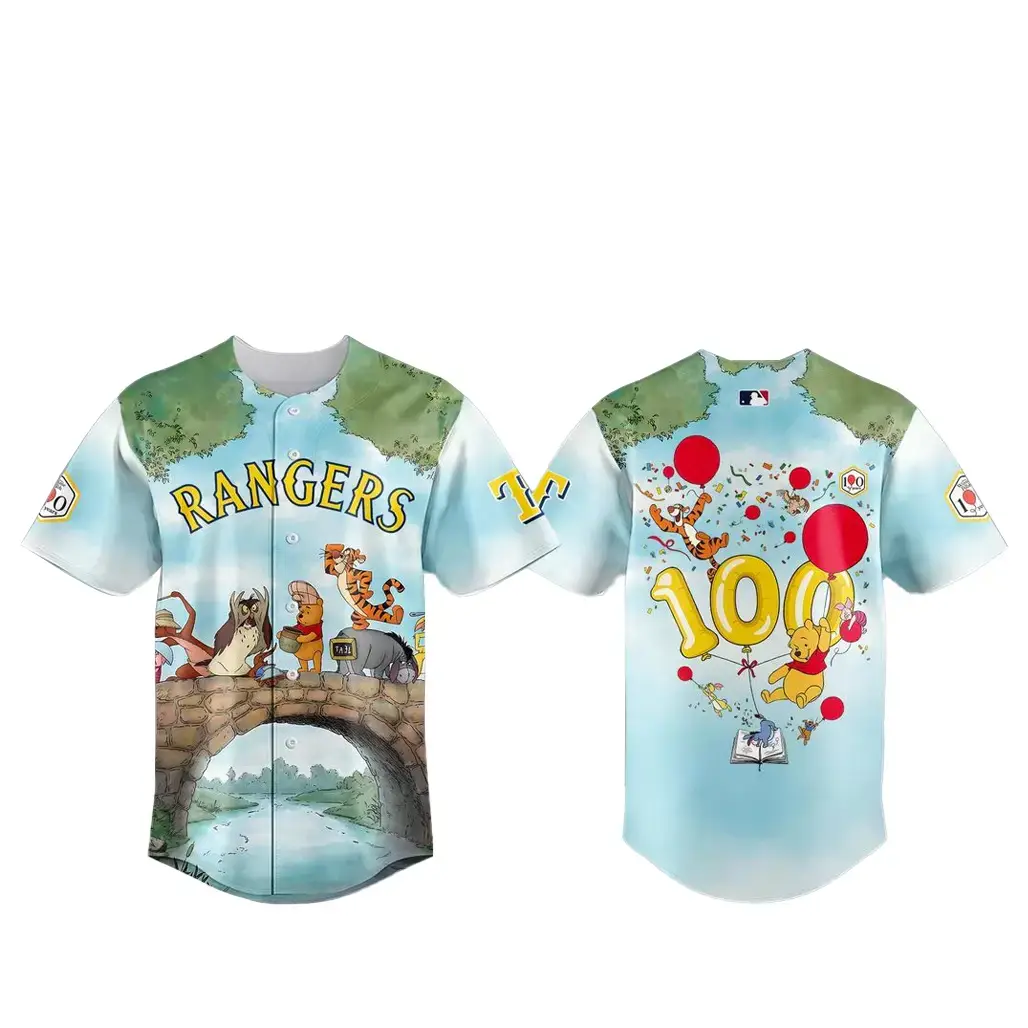 Texas Rangers x Winnie Pooh 100 Year Anniversary Baseball Jersey Image