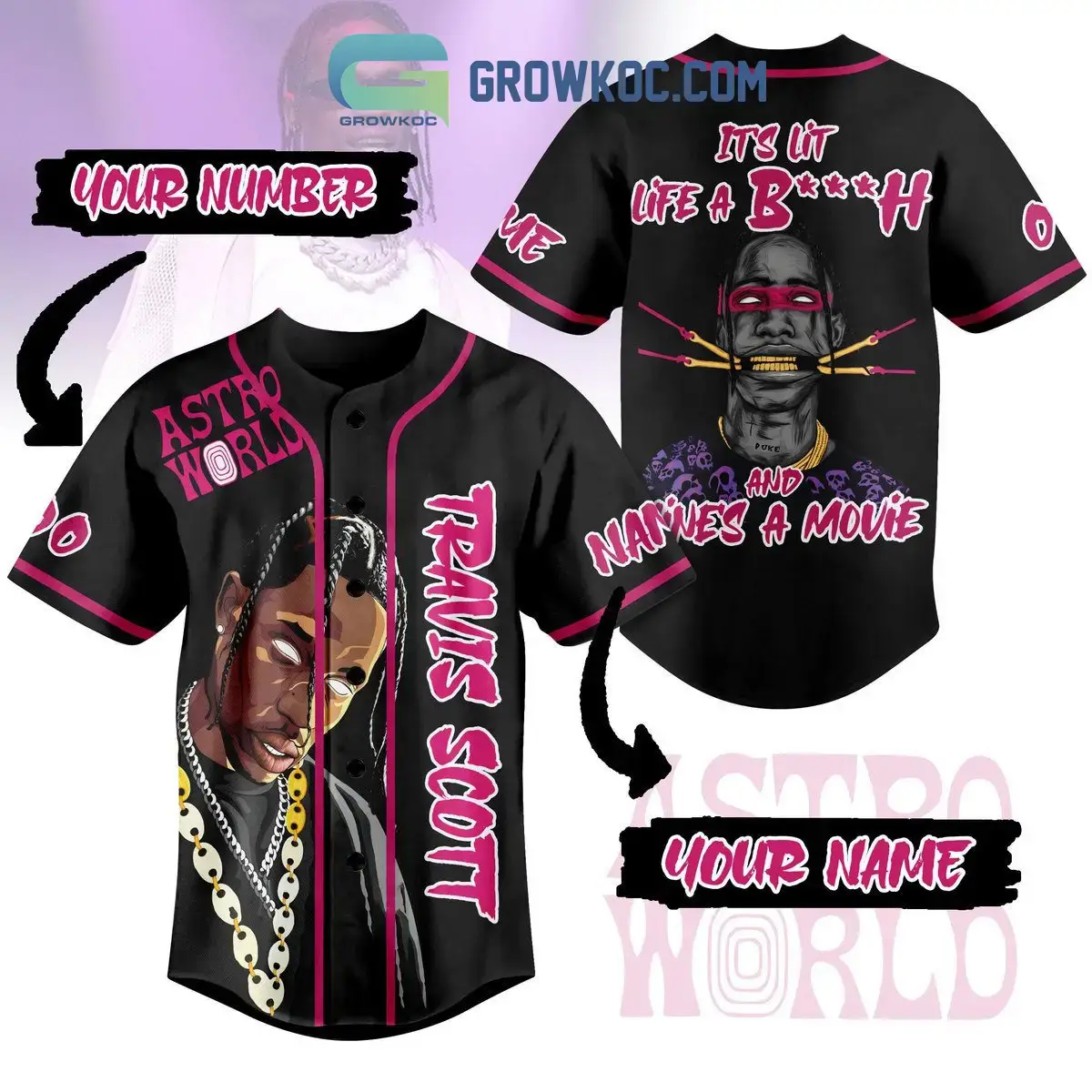 Travis Scott Astro World Its Lit Life A Btch And Mine_s A Movies Custom Baseball Jersey Image