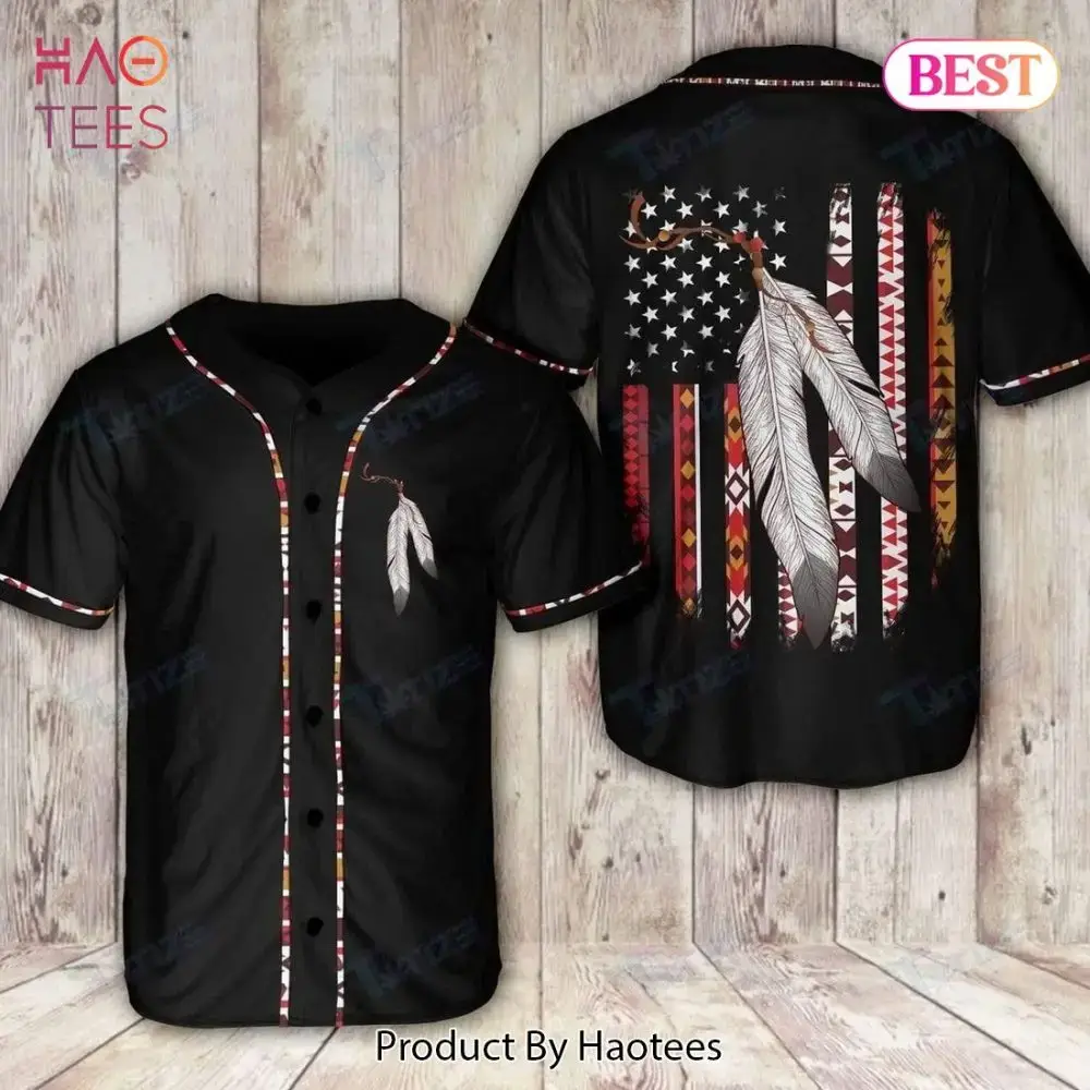 Tribal Feather Baseball Jersey - Stylish Black American Flag Shirt By Haotees Image