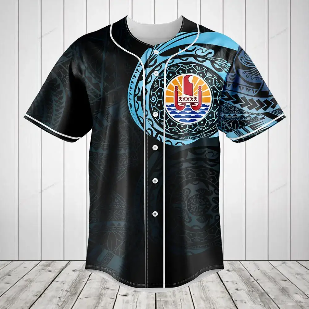 Tribal Pattern Baseball Jersey – Unique Polynesian Design, Black & Blue, Unisex Casual Wear Image