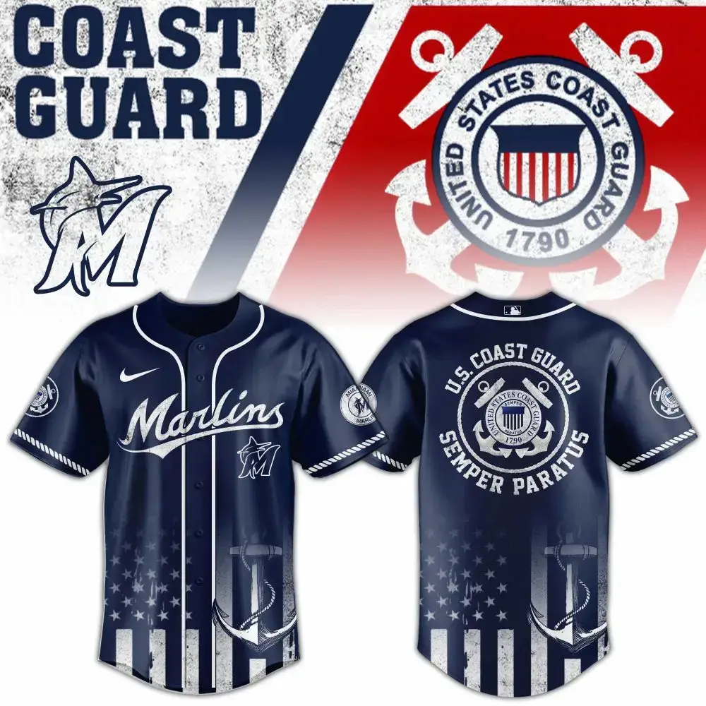 U.S. Coast Guard Marlins Jersey - Navy Blue, Patriotic Design, Perfect For Fans & Collectors Image