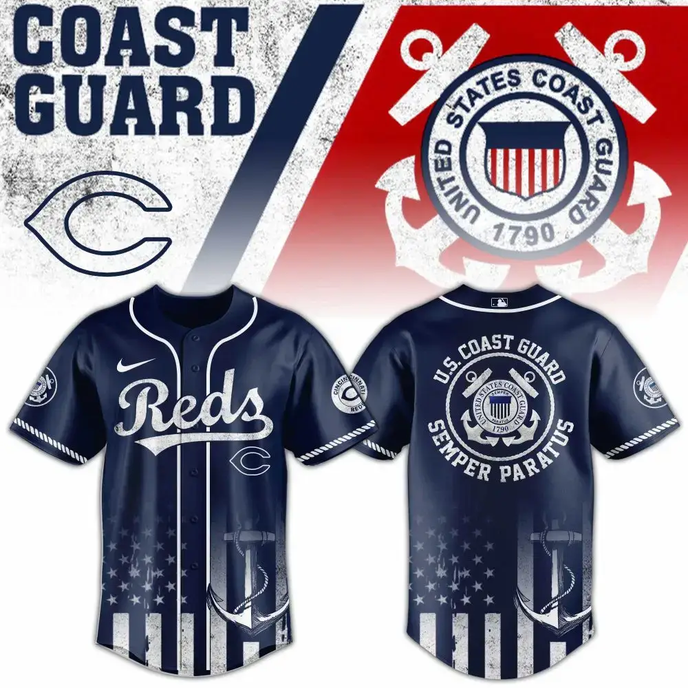 U.S. Coast Guard Reds Baseball Jersey - Stylish Navy Tribute With Anchor Design Image