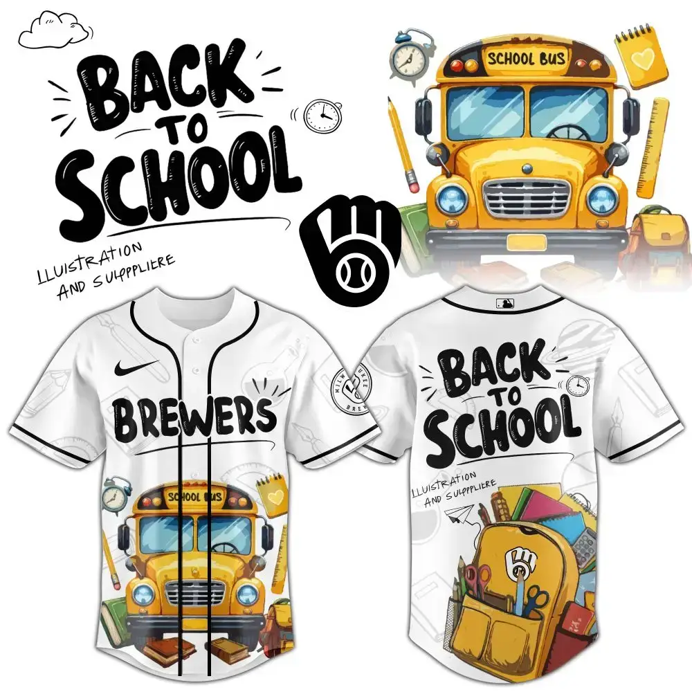 Unique Back To School Baseball Jersey With School Bus & Supplies Design - Perfect For Students! Image