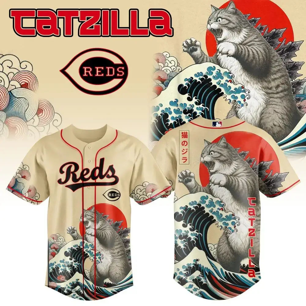 Unleash Catzilla: Unique Reds Baseball Jersey With Japanese Art Design Image