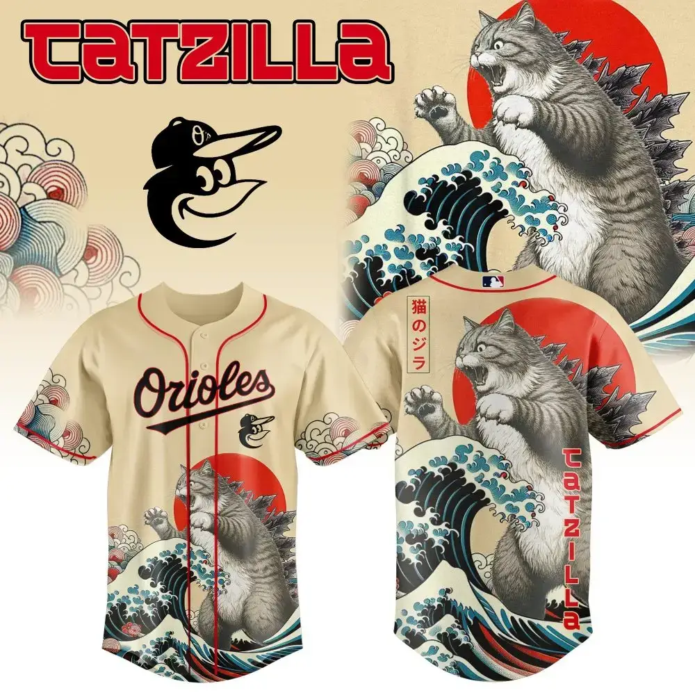 Unleash Style: Catzilla Orioles Baseball Jersey - Unique Cat & Wave Design Image