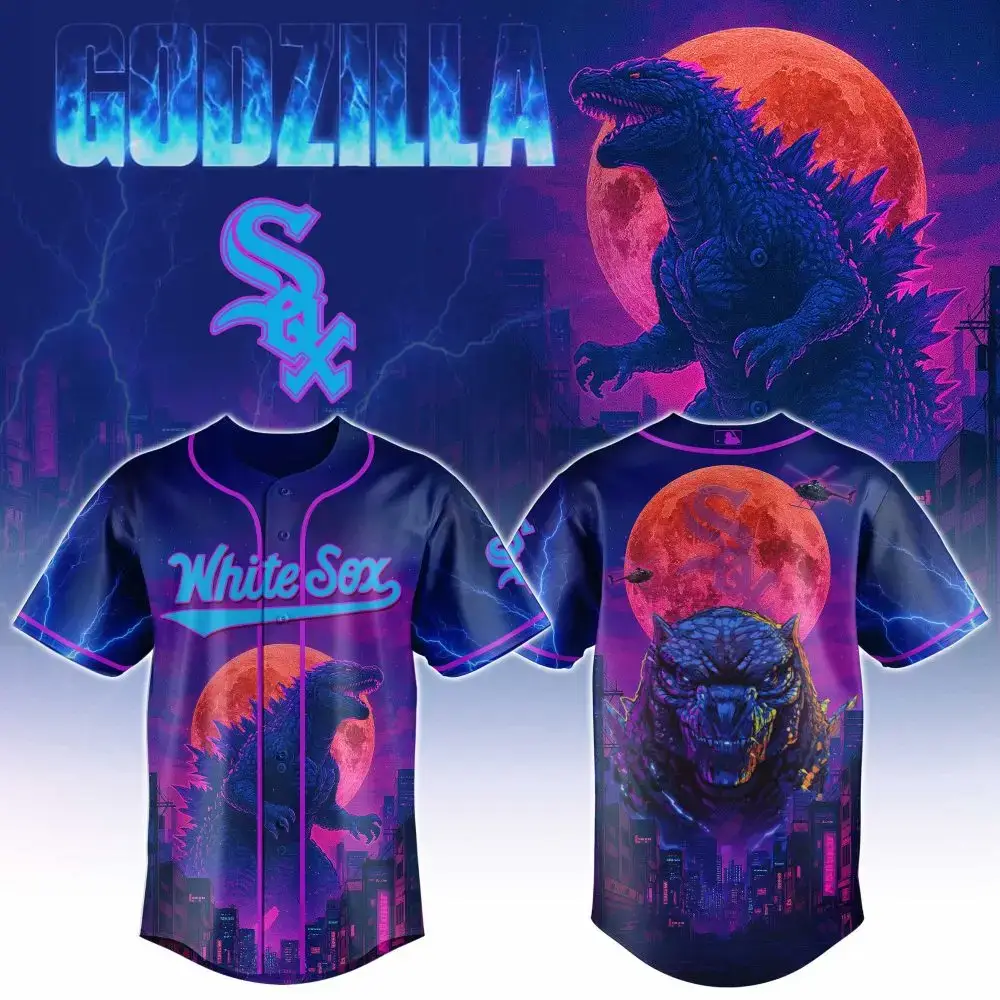 Unleash Style: Godzilla White Sox Baseball Jersey – Epic Moonlit Design Image