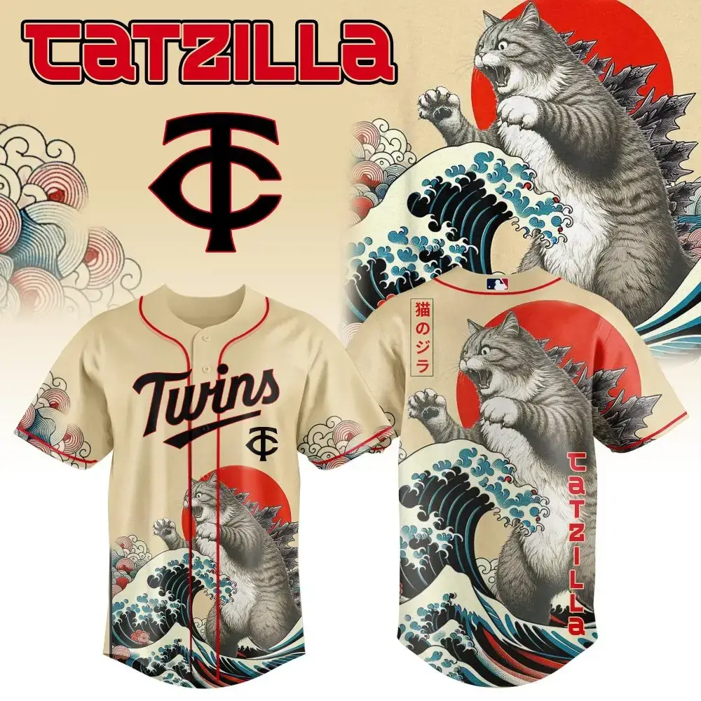 Unleash Style With Catzilla Baseball Jersey – Unique Cat & Wave Design, Perfect For Fans! Image