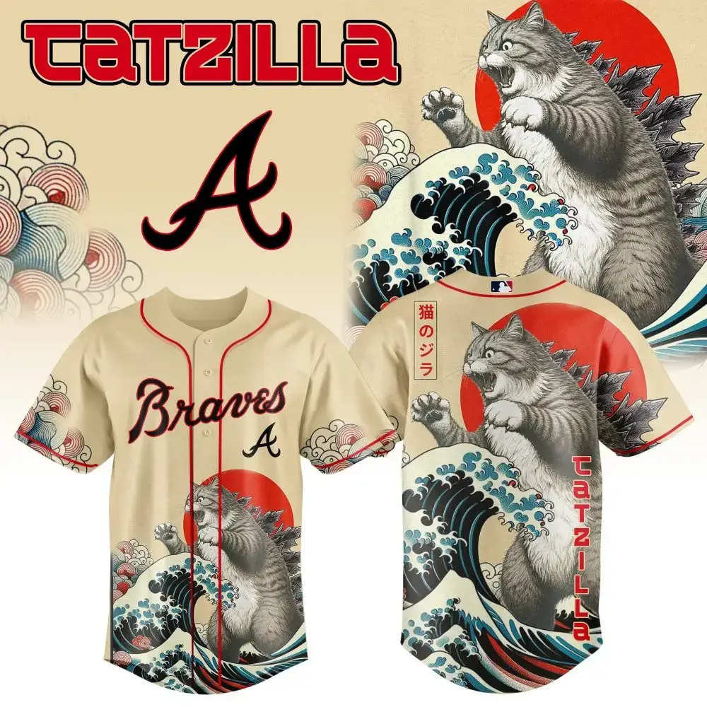 Unleash Style With Catzilla Braves Baseball Jersey – Unique Graphic Design Tee Image