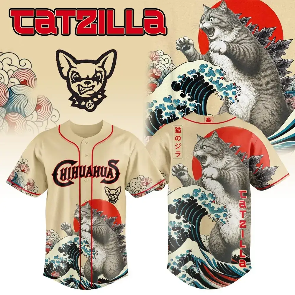 Unleash Style With Catzilla Graphic Baseball Jersey - Unique Cat & Wave Design Image