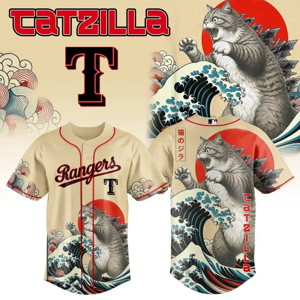 Unleash The Fun With Catzilla Rangers Baseball Jersey – Unique Cat & Wave Design! Image