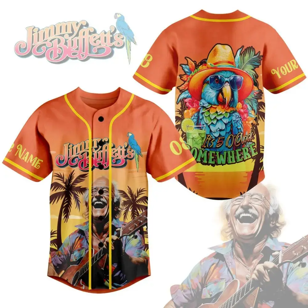 Vibrant Beach Vibes Baseball Jersey - Tropical Parrot & Guitar Design - Summer Casual Wear Image