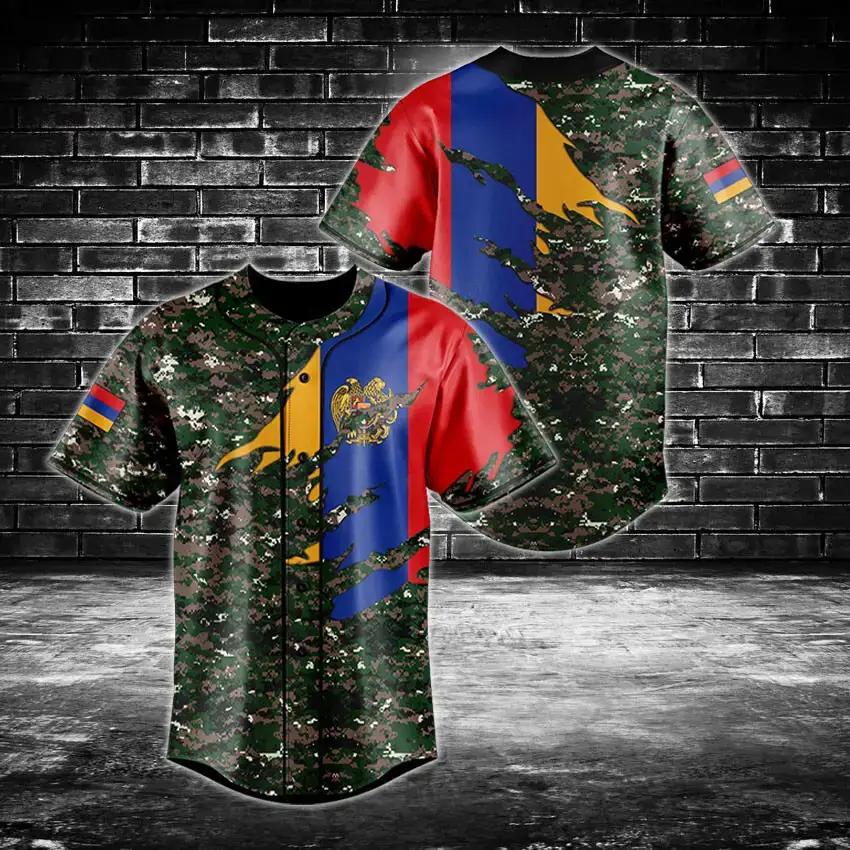 Vibrant Camouflage Flag Print Baseball Jersey – Unisex Sportswear Fashion Tee Image
