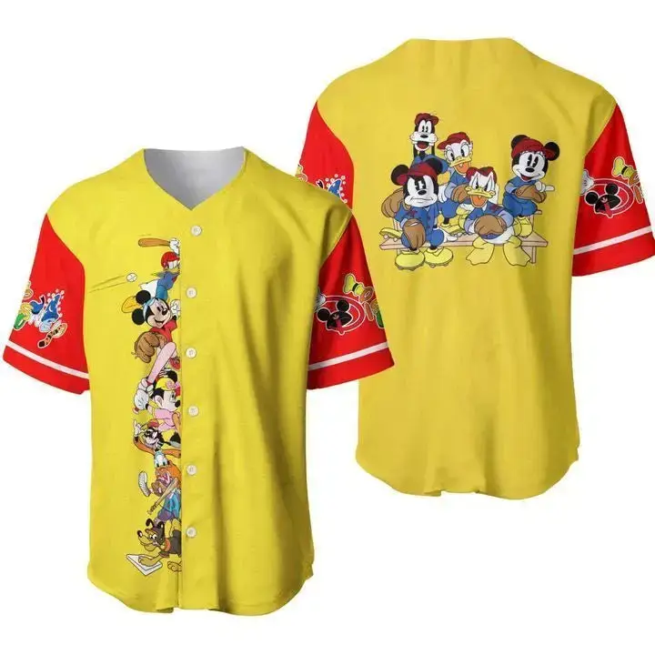 Vibrant Cartoon Character Baseball Jersey – Fun Unisex Yellow & Red Sport Shirt Image
