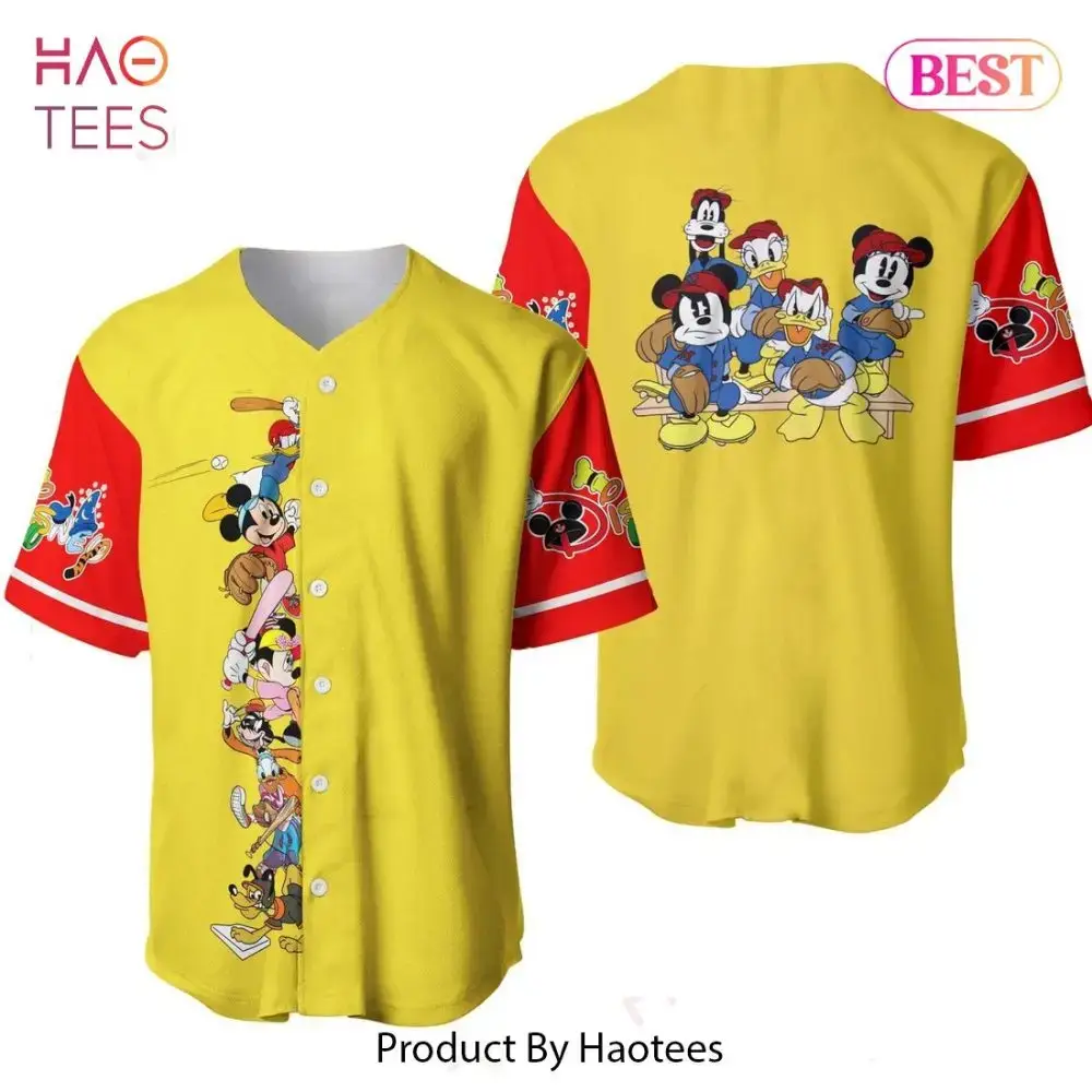 Vibrant Disney Characters Baseball Jersey – Bright Yellow & Red – Unisex – Perfect Gift For Fans! Image