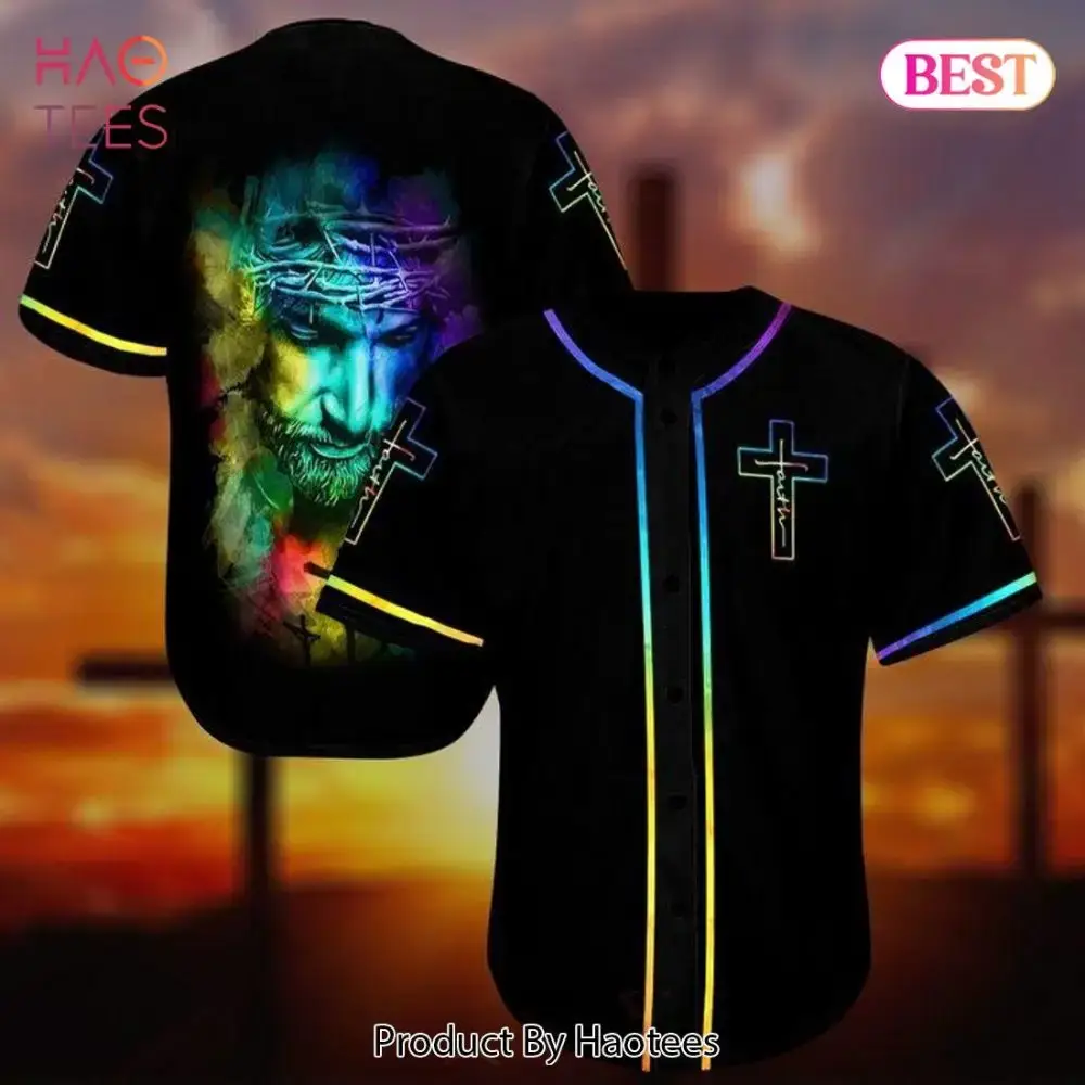 Vibrant Jesus Art Baseball Jersey - Colorful Christian Cross Design Shirt Image