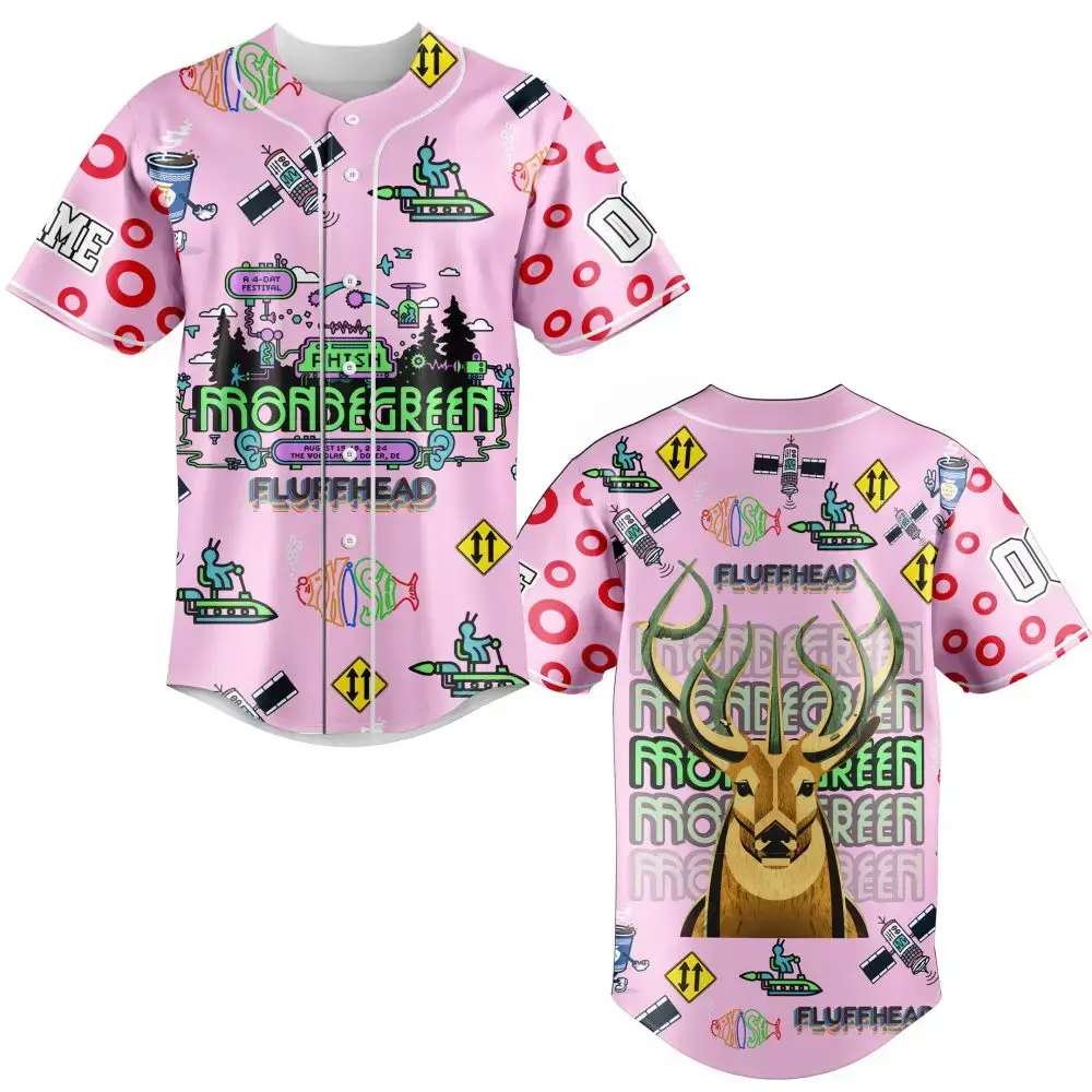 Vibrant Pink Graphic Baseball Jersey – Unique Cartoon & Deer Design, Unisex Image