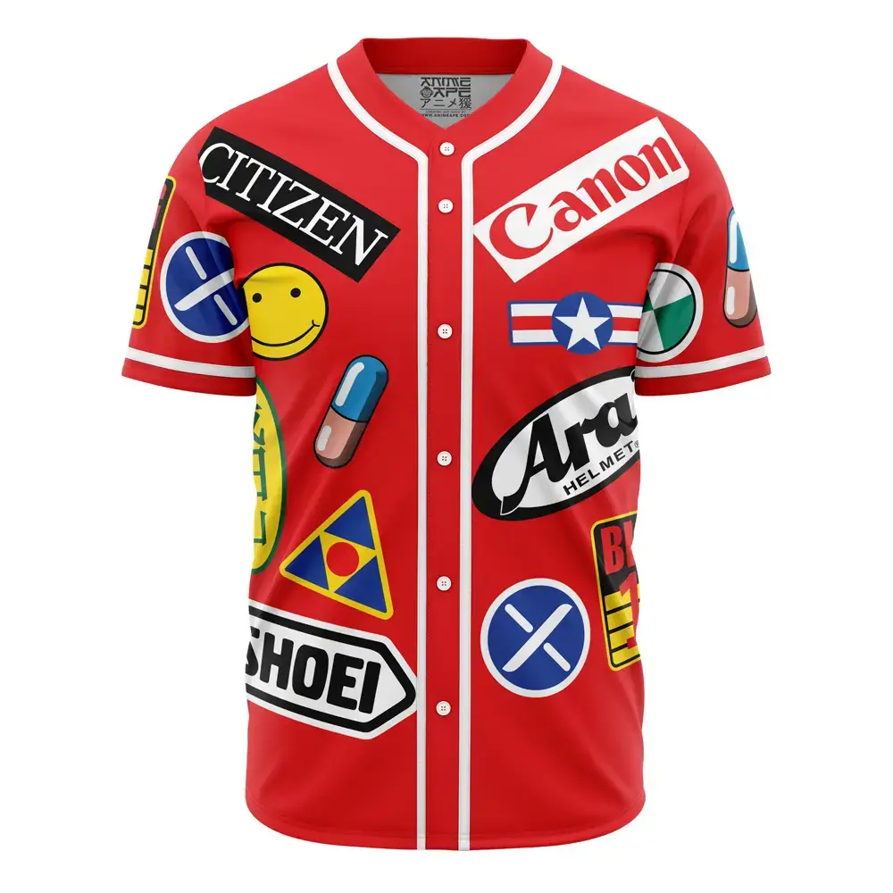 Vibrant Red Baseball Jersey With Bold Graphic Patches – Stand Out In Style! Image