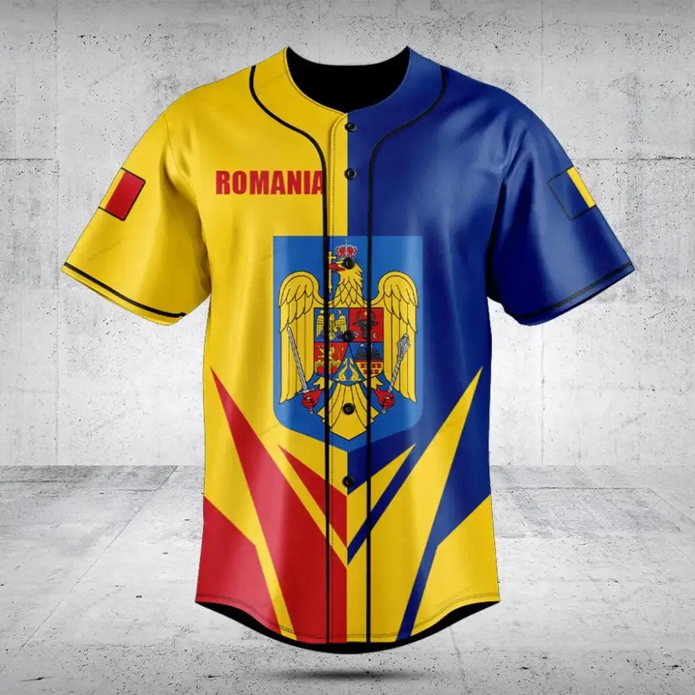 Vibrant Romania Flag Baseball Jersey – Unisex Sportswear With National Emblem Image