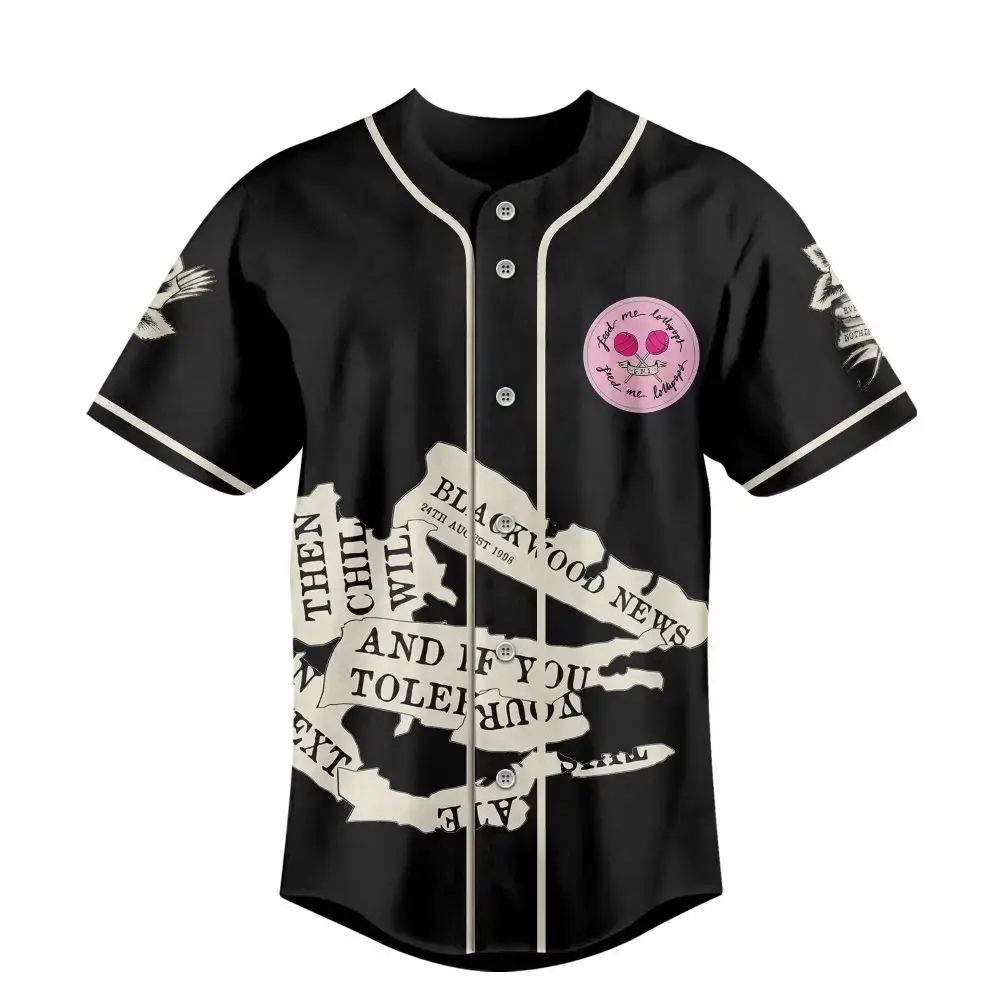 Vintage Black Baseball Jersey With Newspaper Print Design - Unisex Fashion Tee Image
