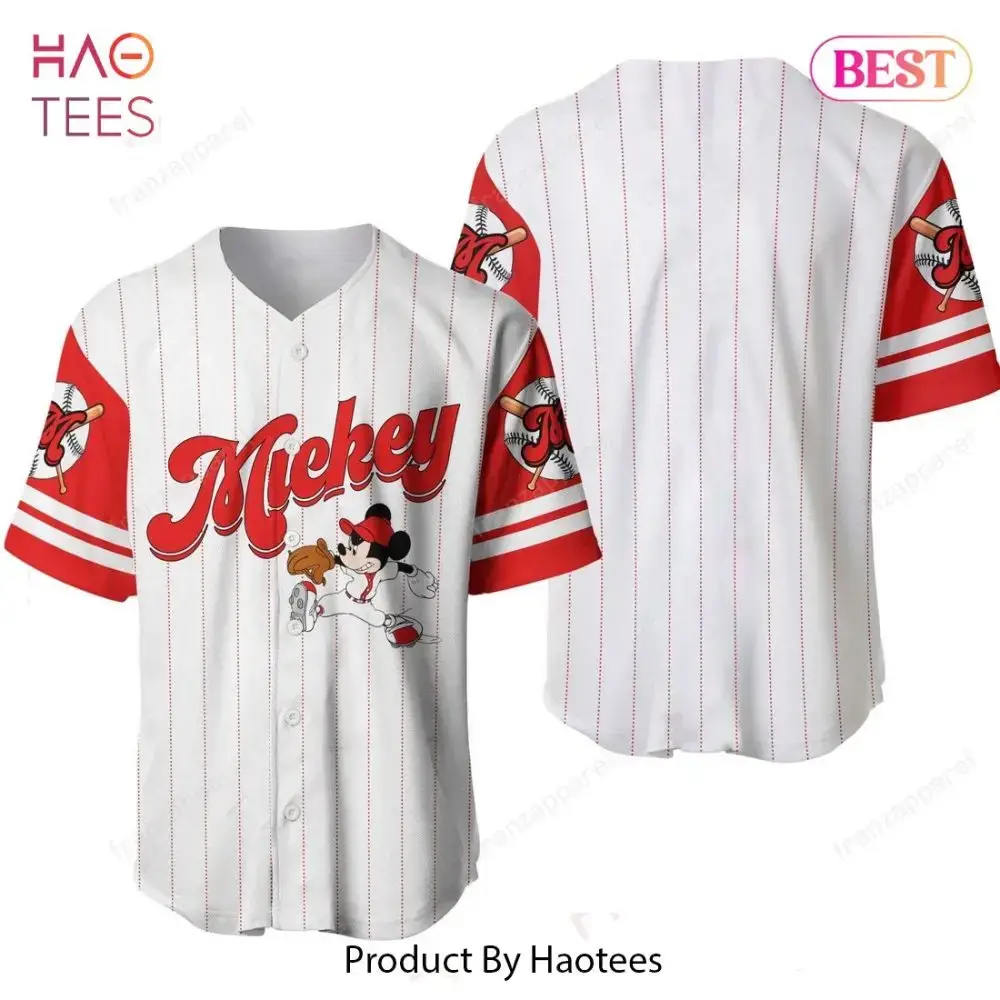 Vintage Style Mickey Baseball Jersey – Classic Red & White Stripes – Perfect Gift For Fans! Image
