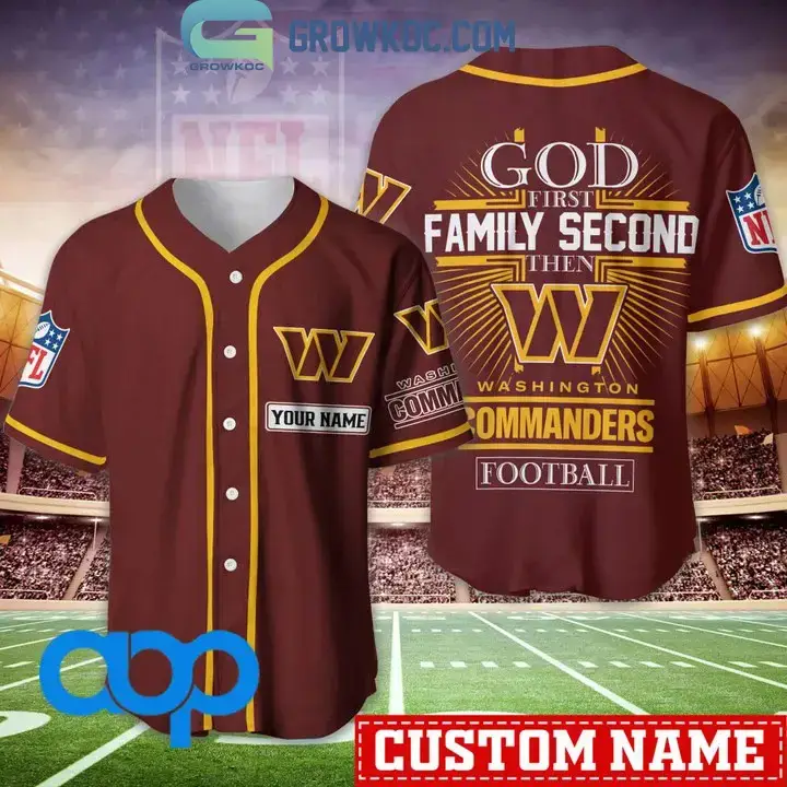 Washington Commanders NFL Personalized God First Family Second Baseball Jersey Image