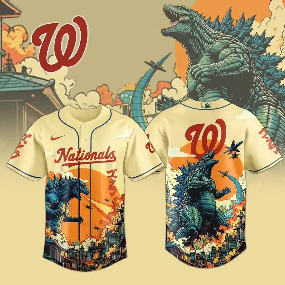 Washington Nationals Mlb X Godzilla Attack Custom Baseball Jersey Image