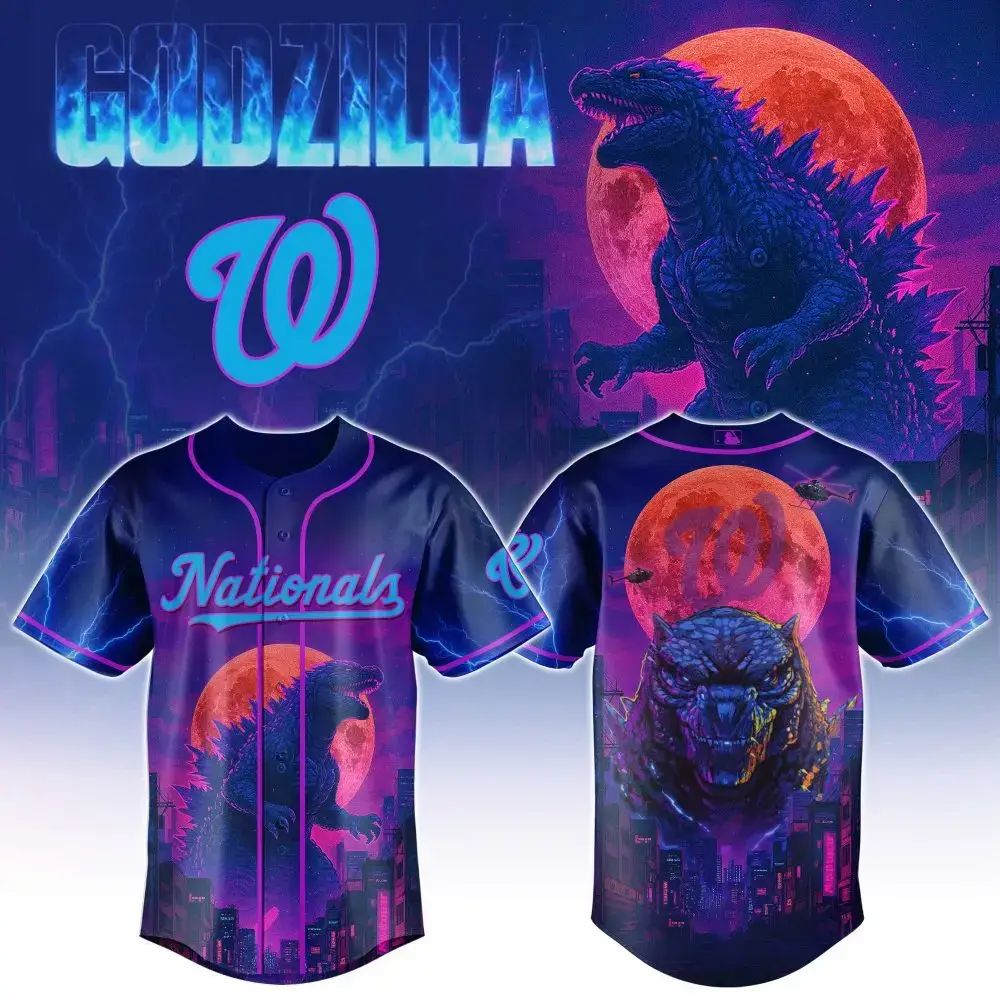Washington Nationals Mlb X Godzilla Neon City Custom Baseball Jersey Image