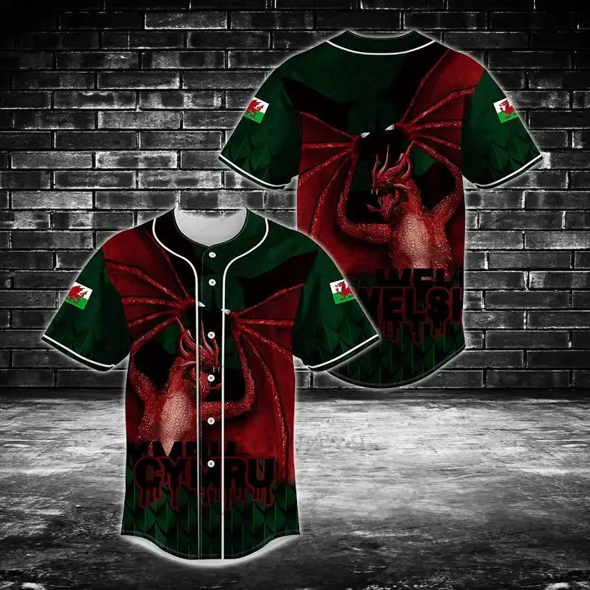 Welsh Dragon Baseball Jersey - Bold Red & Green Design, Unisex Sportswear Image